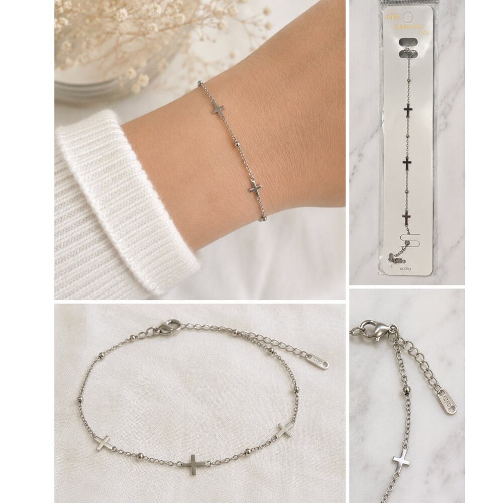 Stainless Steel Cross Bracelet Silver Christian Faith Jewelry NWT Adjustable - Picture 1 of 5